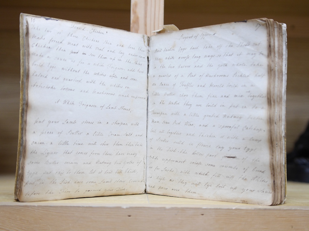 An 18th century hand inscribed book of recipes for M. Tennant. Condition - fair